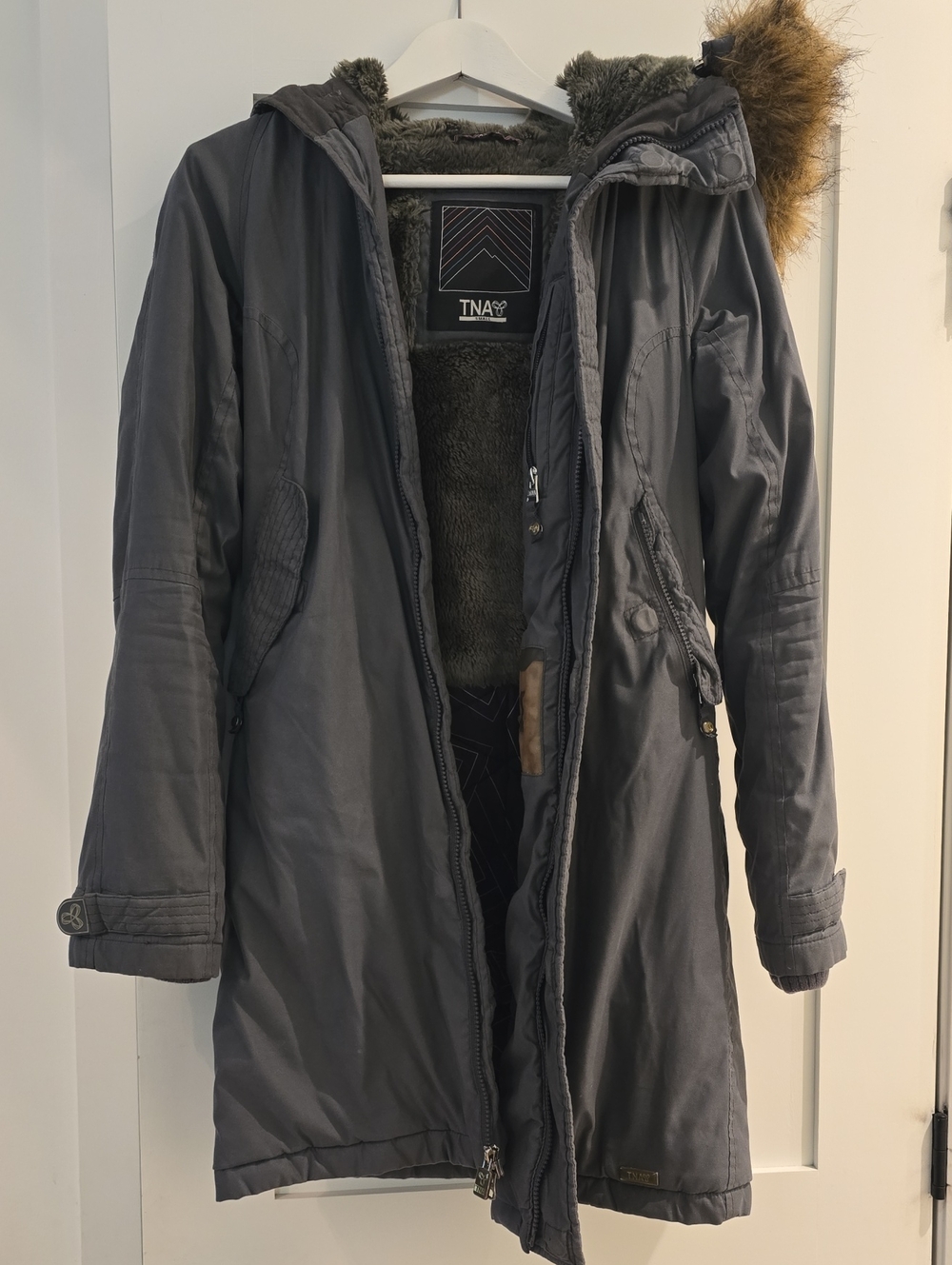 TNA Women's Dark Gray Parka with Faux Fur Trim